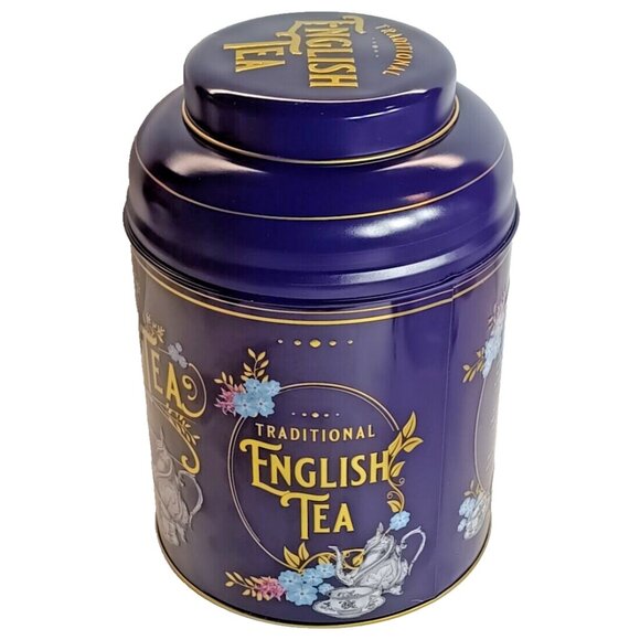 English Tea Tin Navy Blue Victorian Style Round Large Decorative Storage Empty - Picture 3 of 7